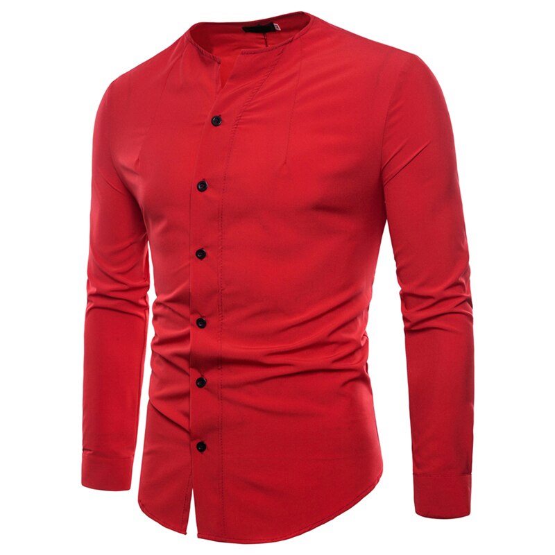 Herrskjortor med rund hals för män manlig höst casual långärmade skjortor slim fit enfärgad svart vit skjorta toppar m -2xl: Röd / Xl