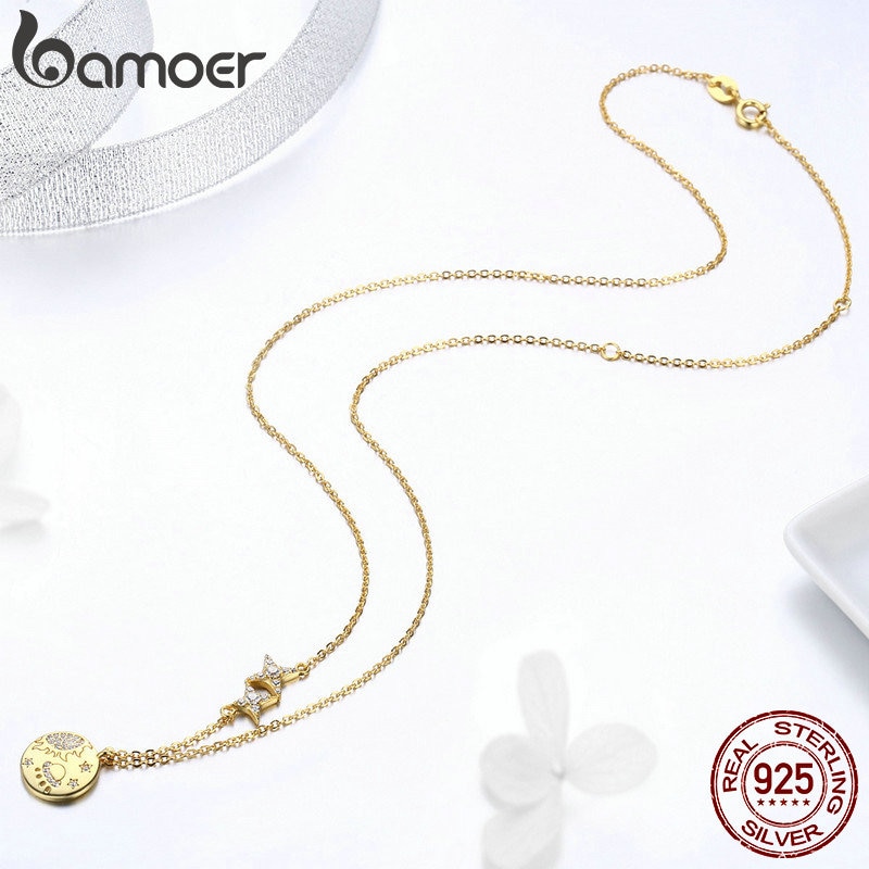 BAMOER 100% 925 Sterling Silber Geheimnis Galaxis Gold Farbe Anhänger Halsketten für Frauen Halskette Schmuck, Der SCN281