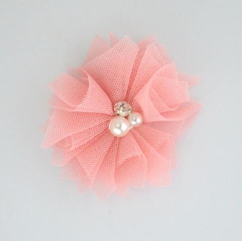 10 stks/partij 2.5 ''Mini Tulle Mesh Bloemen Met Strass Pearl Center Poof Bloemen Hoofdband Haar Accessoires: 11 dusty pink