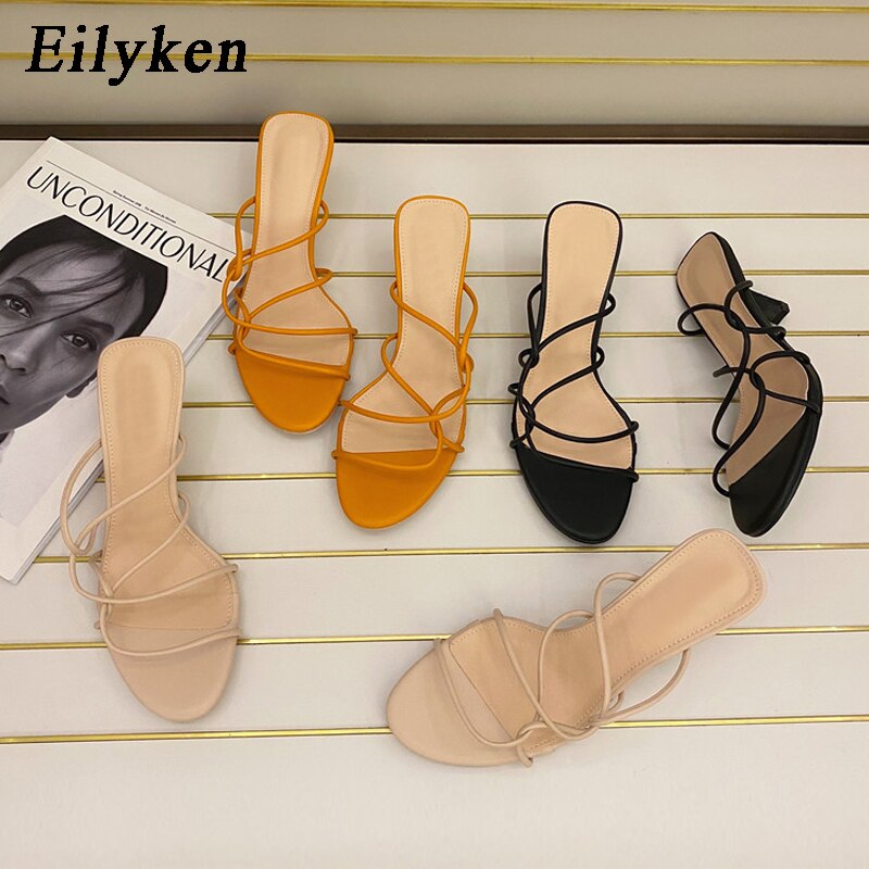 Eilyken Brand Women Slipper Cross Strap Casual Outdoor Sandal Ladies Thin High Heels Slides Sandal