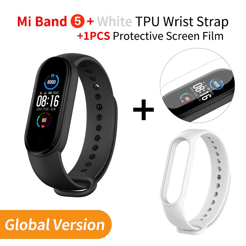 Xiaomi banda 5 versão global pulseira inteligente tela de toque miband 5 pulseira esporte rastreador de fitness monitor de freqüência cardíaca: EN Add White Strap