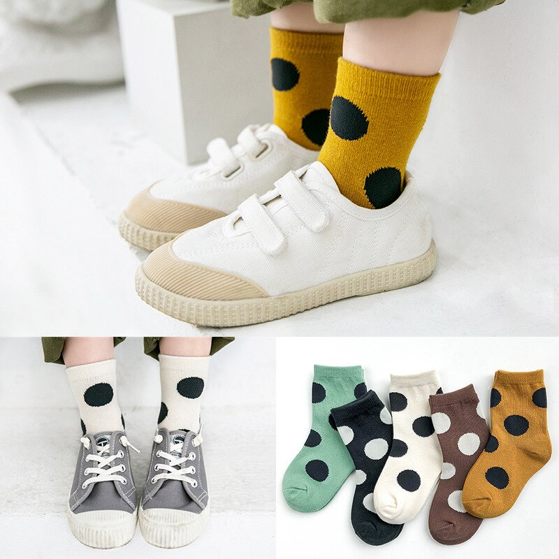 5-pair pacote menino meias meias de algodão meias da menina outono e inverno grande polka dot cor combinando meias crianças meias de algodão