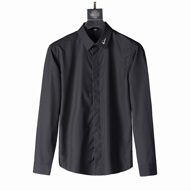 Luksusowa marka koszula męska Solid color Slim Business męskie ubranie koszule eleganckie hafty z długim rękawem koszulka homme Cotton Camisas: Black / M
