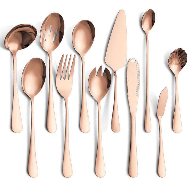 Couverts colorés en acier inoxydable, 6-24 pièces, couteau, fourchette, cuillère, service de table, vaisselle en or, service de table, ustensiles de cuisine: Rose gold-11PCS