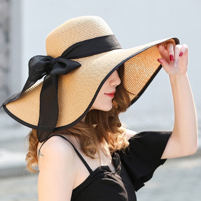 Sommer stor randen stråhat floppy bred randen solhue bue knude strand foldbare hatte hatte til kvinder: Khaki