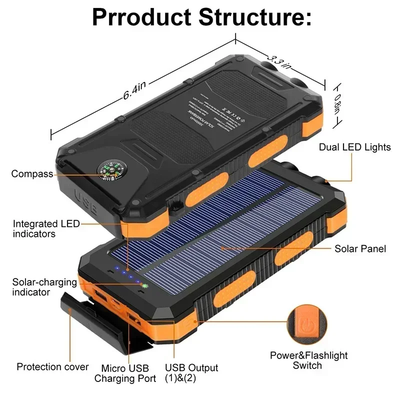 200000mah Portable Solar Power Bank Powerful Charging Powerbank External Battery Charger Strong Light LDE Light for Xiaomi Phone