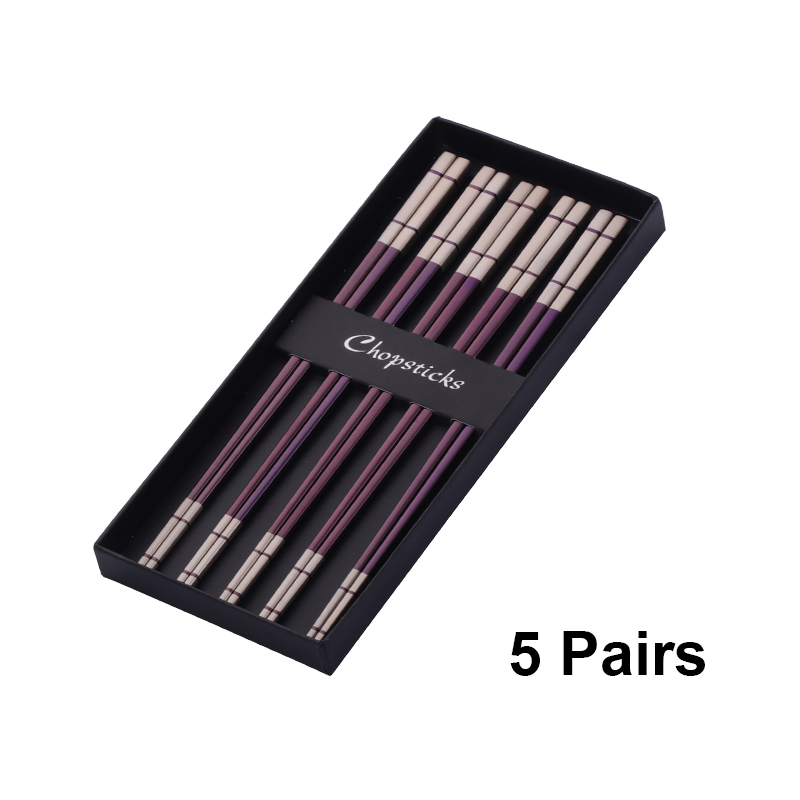 Baguettes chinoises de luxe en acier inoxydable, 5 paires, baguettes à Sushi réutilisables en titane doré avec boîte, bâtons alimentaires en métal: Bleu