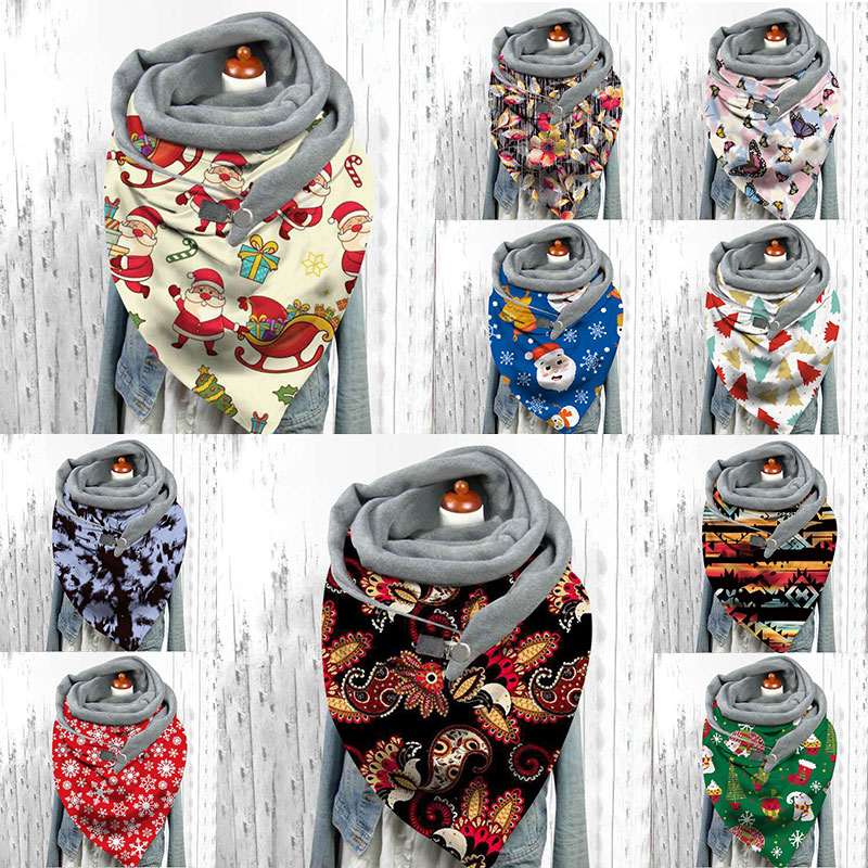 Multi-usages col châle femmes noël impression écharpe bouton écharpe enveloppes Triangle foulards Plus velours motif papillon