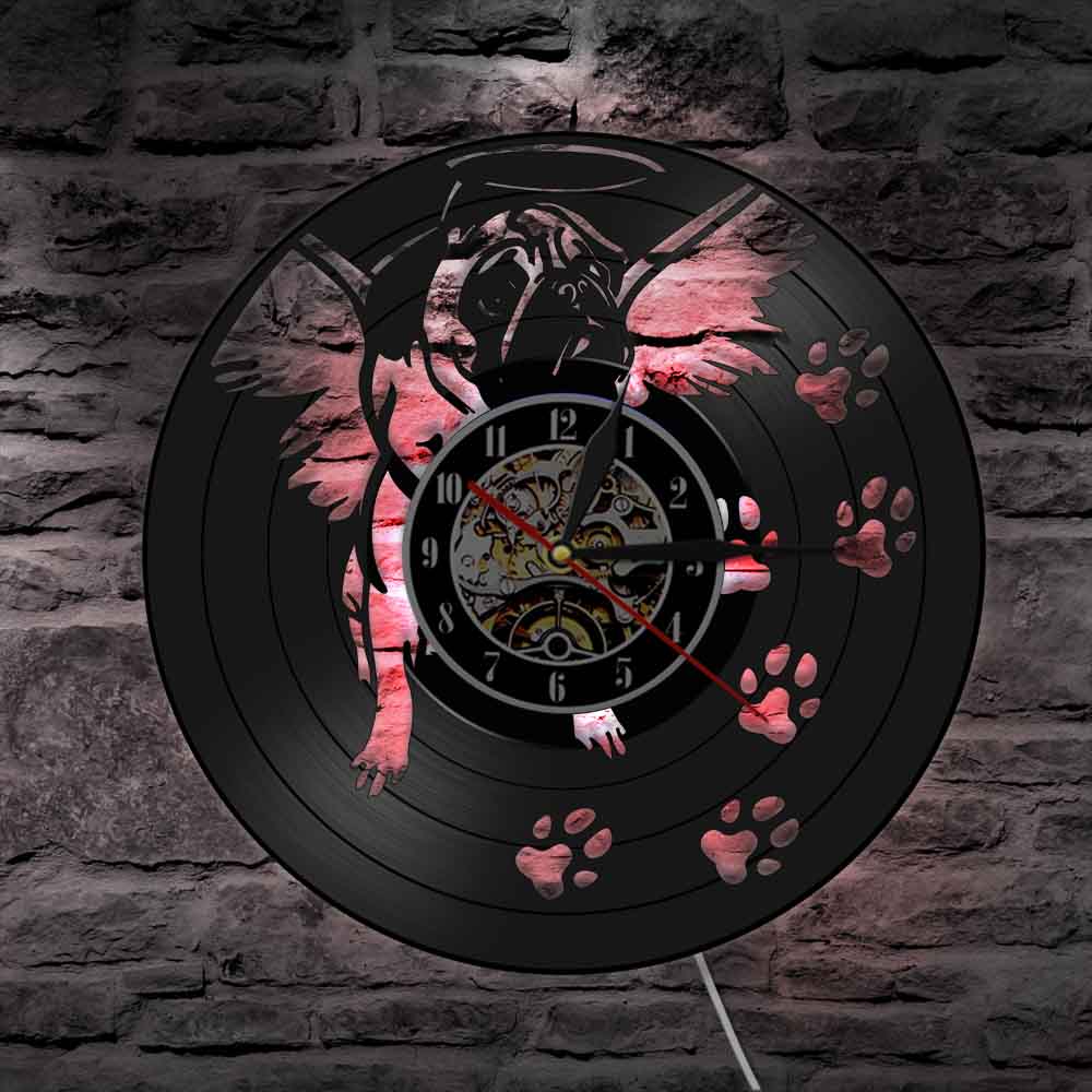 Horloge murale en vinyle pour bouledogue français, avec aile d&#39;ange, Art moderne, Vintage, carlin, chien, décoration de maison, lumineux LED