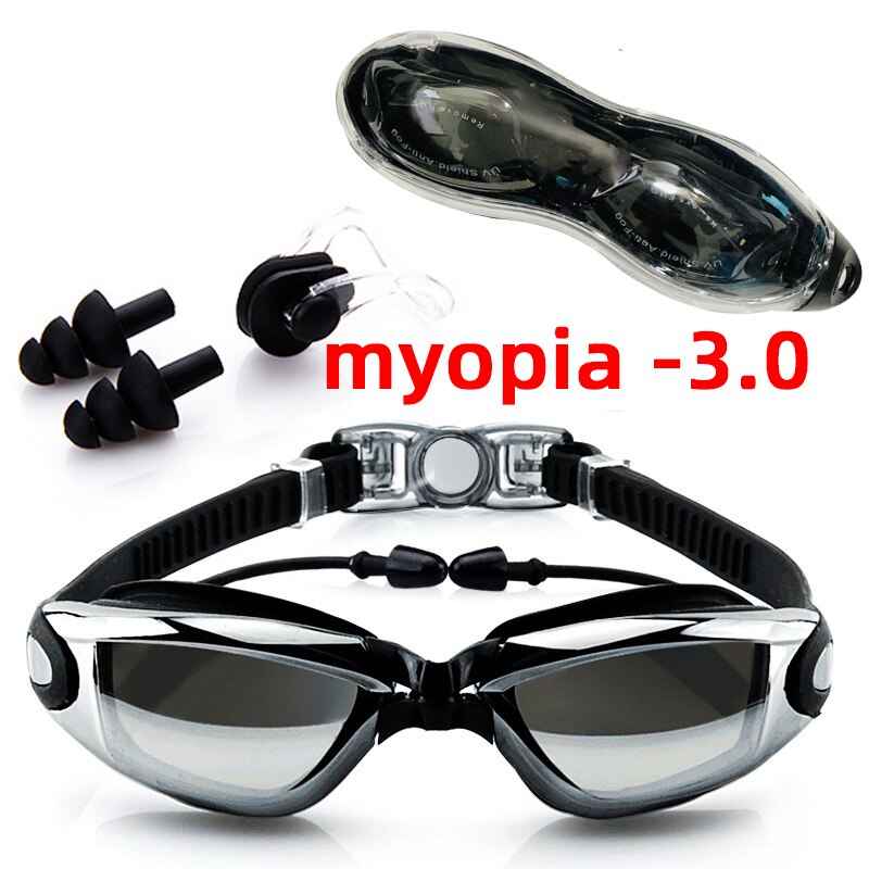 Aikuisten uimalasit vedenpitävät uimalasit puku hd anti-fog 100%  uv säädettävät silmälasit uima-altaisiin: Musta likinäköisyys  -3.0
