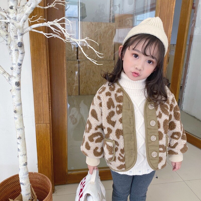 Vinterjacka för barn i koreansk stil leopardmönster förtjockad matchande pälsjacka för coola flickbebisar