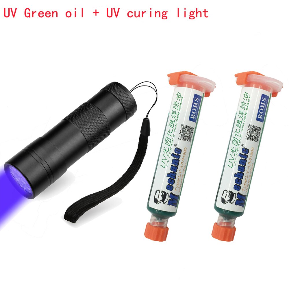 2pcMECHANIC 10ML GREEN UV SOLDER MASK PCB BGA PAINT PREVENT CORROSIVE ARCING Soldering Welding Fluxes Oil+ 12led UV curing light
