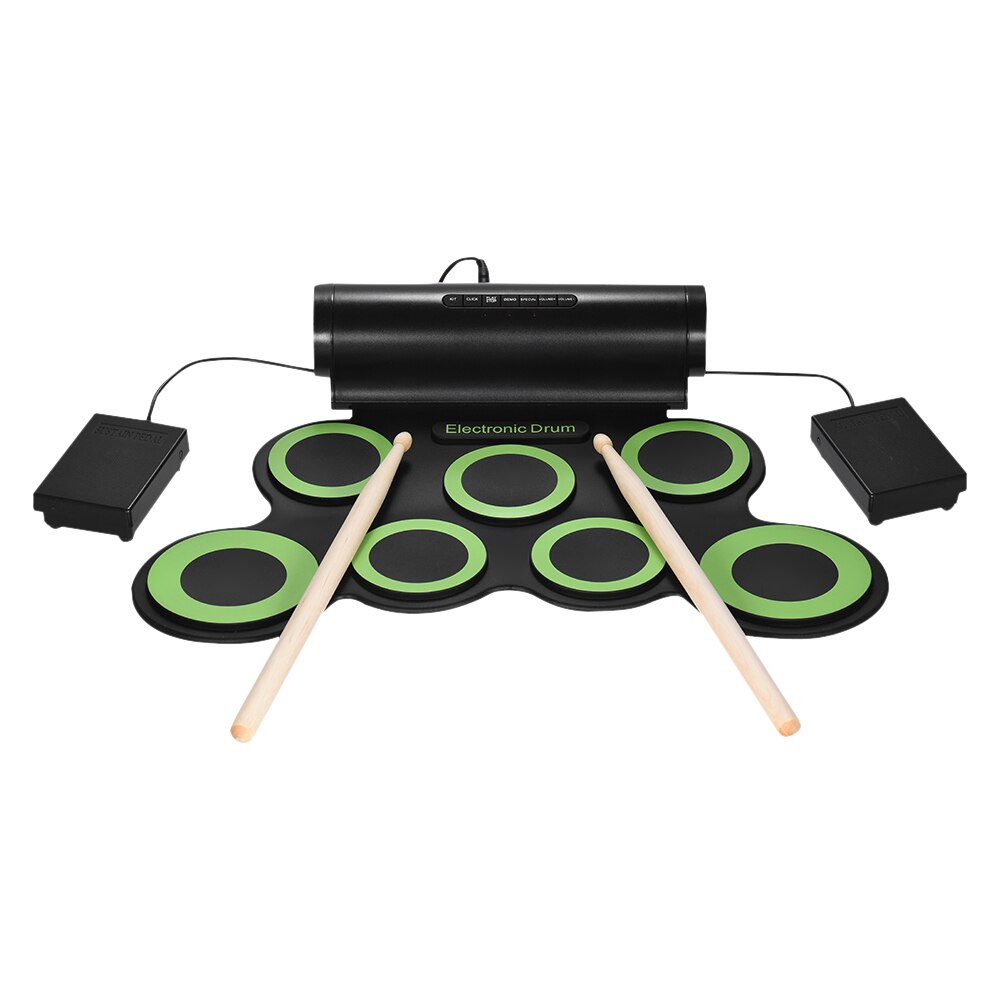 Digital Stereo Roll up Drum Electronic Drum Set 7 Silicon Pads USB Powered Built-in Speaker with Drumsticks Foot Pedals: Green
