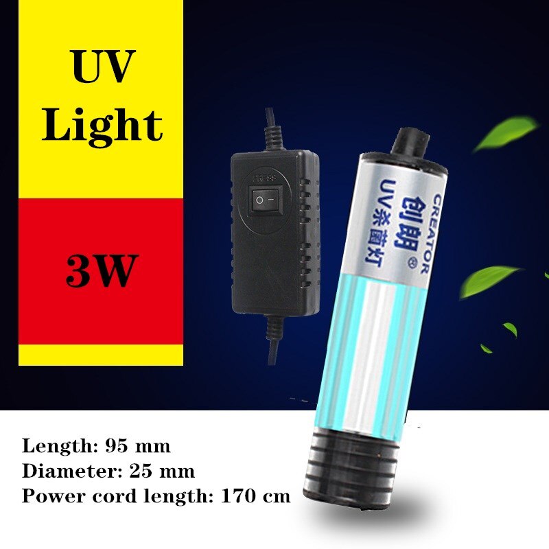 Lámpara esterilizadora UV sumergible para acuario, filtro de luz ultravioleta impermeable, floración de algas, luz limpia para pecera, estanque, Coral: 3W