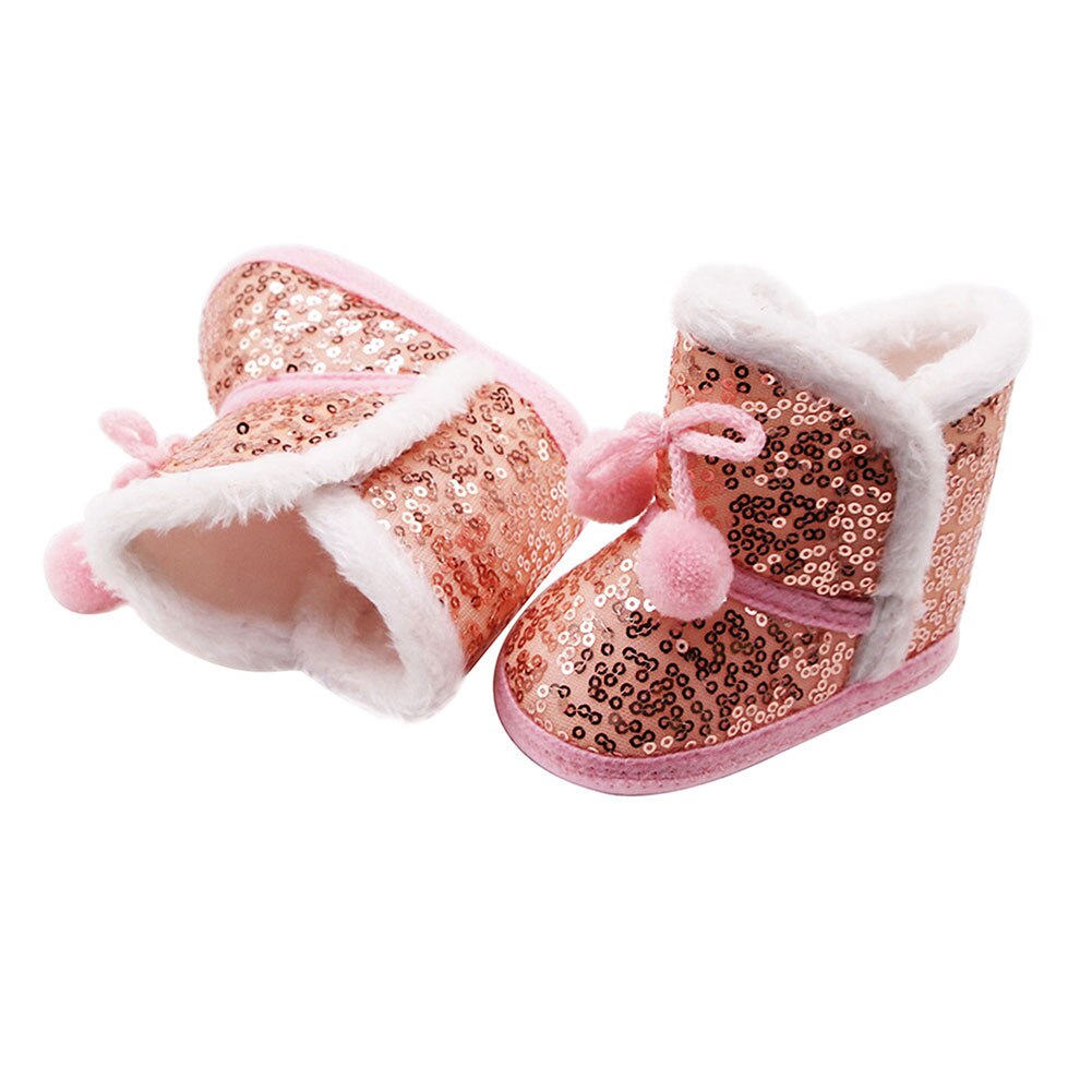 Meninas do bebê Inverno Quente Botas De Neve De Lantejoulas Não-Antiderrapante Macio Sole Sapatos De Pele Forrada botas de Tornozelo com Lace up Pom 0-12Months