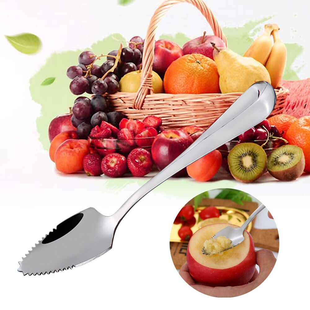 Rvs Grapefruit Apple Schraper Lepel Gekarteld Zaagtand Edge Fruit Puree Lange Handvat Babyvoeding Bereiden Tool 3