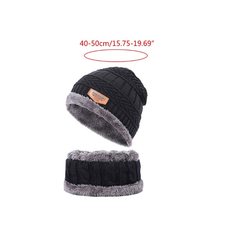 Gorro de invierno para niños, 2 uds., conjunto de bufanda circular, etiqueta de cuero sintético, Crochet, tejido de felpa, forrado, gorro de Calavera, calentador de cuello