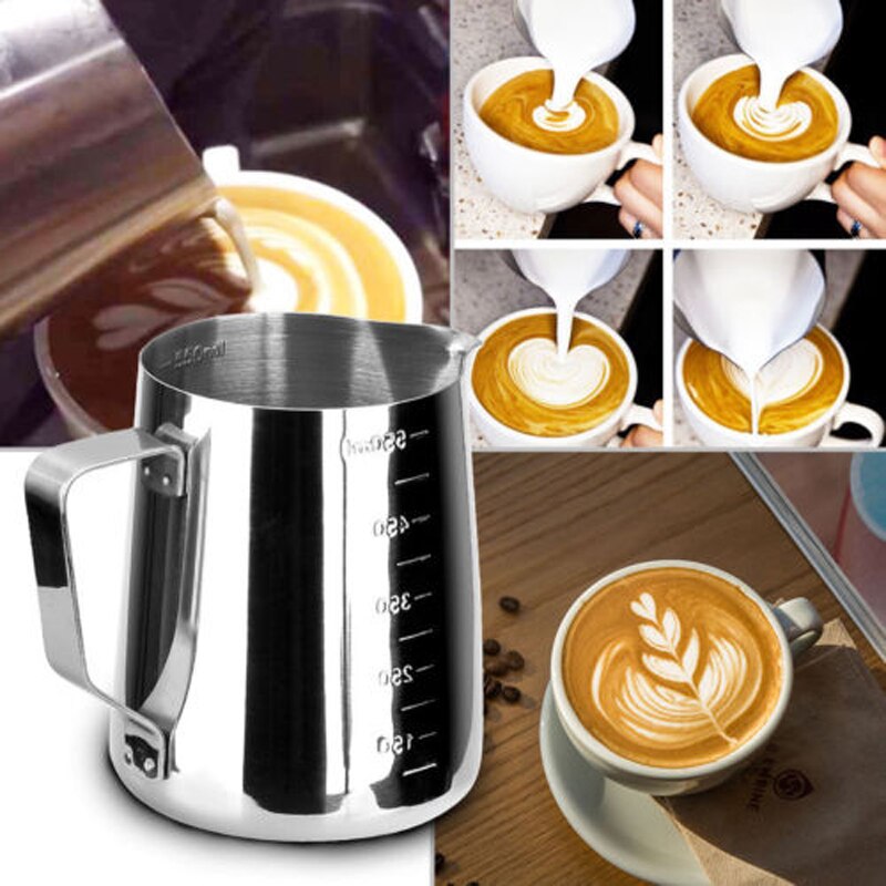 Märkesstil rostfritt stål mjölkskumningskanna skummare kaffe latte behållare kanna 3 storlekar kaffeutrustning