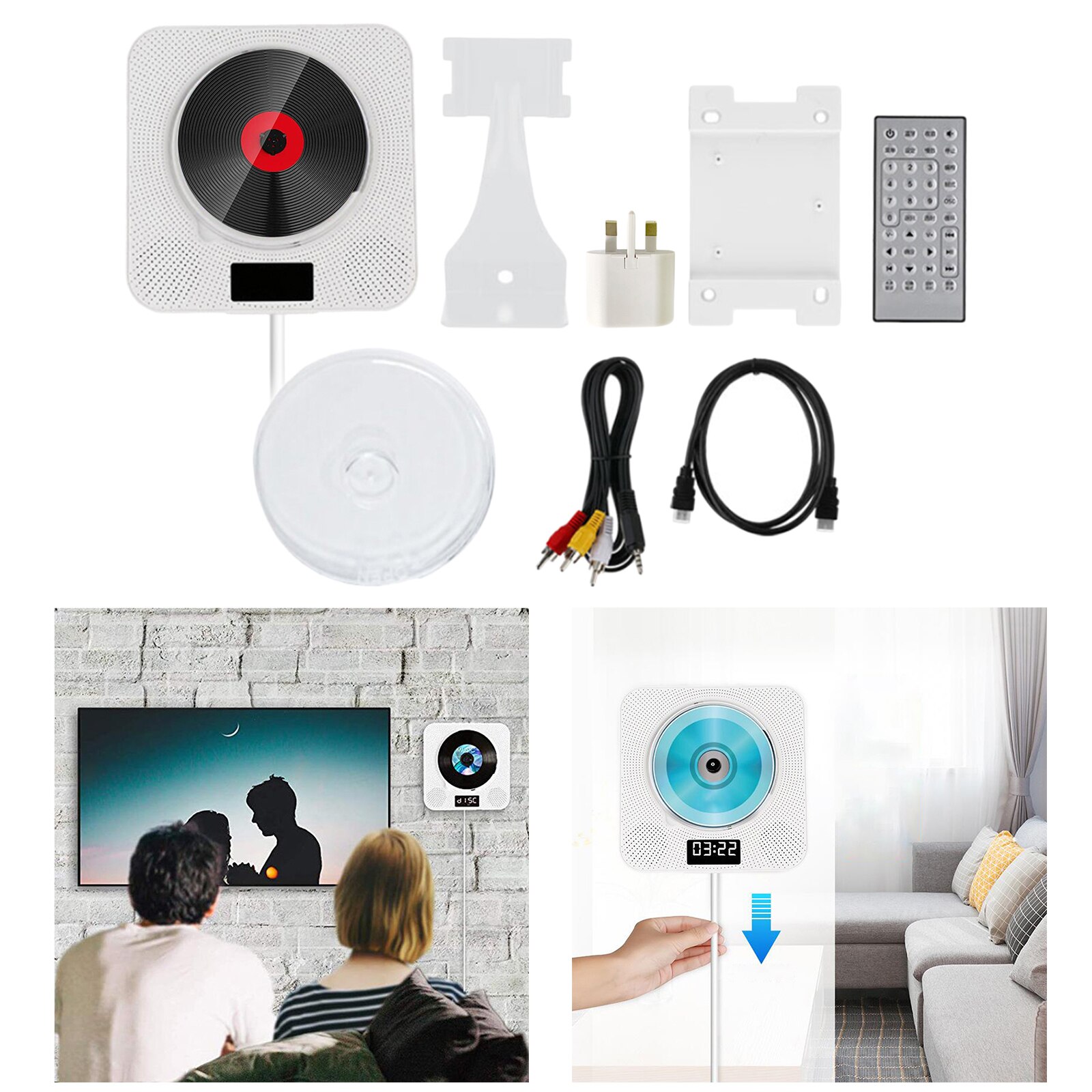 Home Bluetooth CD Player Wall Mounted FM Radio USB AUX Input UK Plug 220V