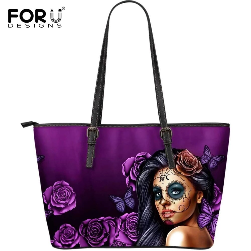 FORUDESIGNS borse a tracolla viola moda donna teschio di zucchero stampa sposa borsa Tote in pelle di lusso borsa di grande capacità: HME1710 / DN43x27x10cm