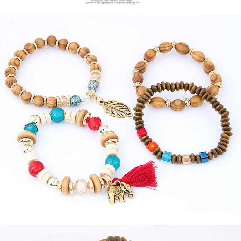 Europese en amerikaanse retro sieraden etnische log kralen kwast baby olifant blad stretch armband set vrouwelijke armband voor vrouwen