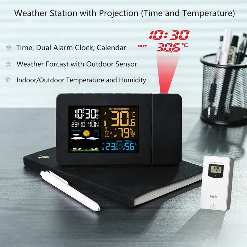 Elektronische Projektionsuhr, Wetterstation, Wettervorhersage, Temperatur und Luftfeuchtigkeit, Farbbildschirm, digitaler Wecker