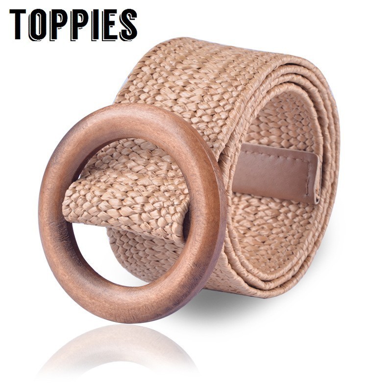 Boho Style Braided Straw Wide Belt Wooden Buckle Ladies Dress Belt Luxury Women