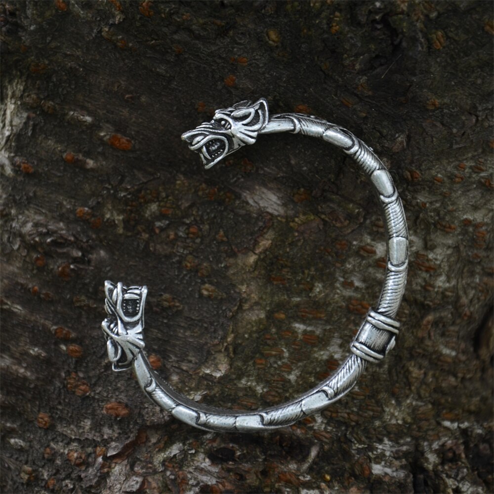 Tête de loup femmes hommes manchette Bracelet Viking Bracelet trinité noeud amulette nordique Vikings accessoires décoration bijoux directe: Argent antique plaqué