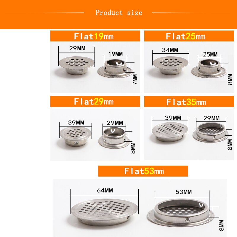 1pcs Dia.19mm/25mm/29mm/35mm/53mm Cabinet Air Vent Louver Mesh Hole round Stainless Steel Flat surface Convex surface