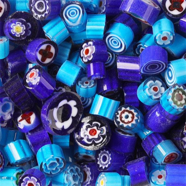 400g/14.11oz Colorful Millefiori Glass Beads Mosaic Tiles Thousand Flower Beads Cylinder Shape DIY Hobbies and Crafts Materials: Blue Mix