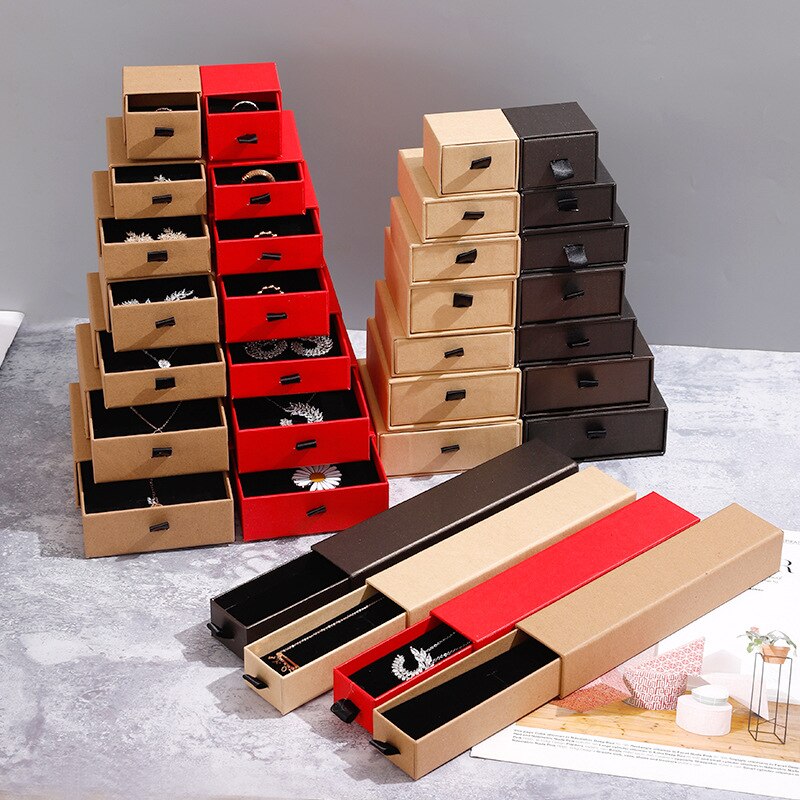Boîte d&#39;emballage de bijoux en carton, 10 pièces, pour bague, collier, Bracelet, pendentif, rouge, noir, café, emballage, boîtes de rangement