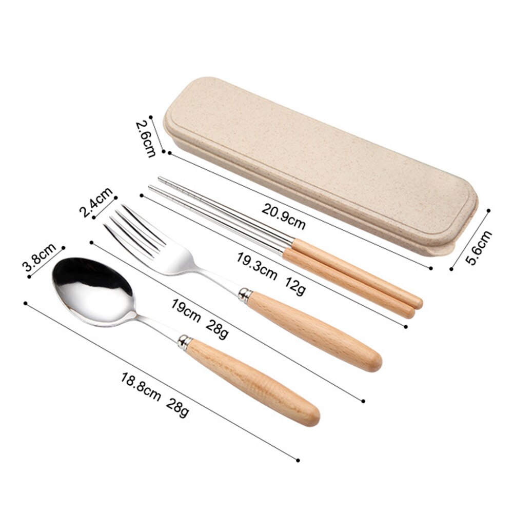 3PCS Stainless Steel Flatware Tableware Cutlery Set with Beech Handle Include Fork Spoon Chopsticks Case