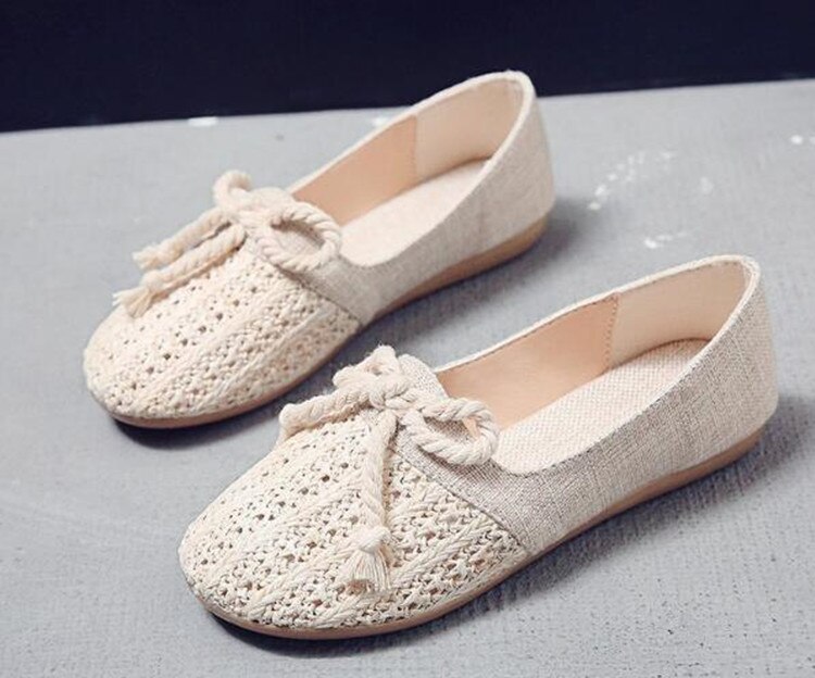 Leinen heiligen aus Frauen runden Zehe Halbschuhe Damen lässig Wohnungen Flachs Häkeln Sommer Schuhe für Frau Flachen Absätzen Sandalen Strand schuh: Beige / 5,5