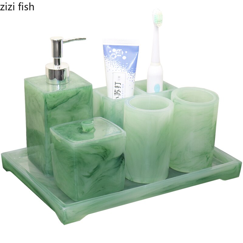 Ensemble d'accessoires de salle de bain vert Texture émeraude, fournitures de bain Imitation Jade, distributeur de savon Portable, tasse de bouche, outils de bain en résine