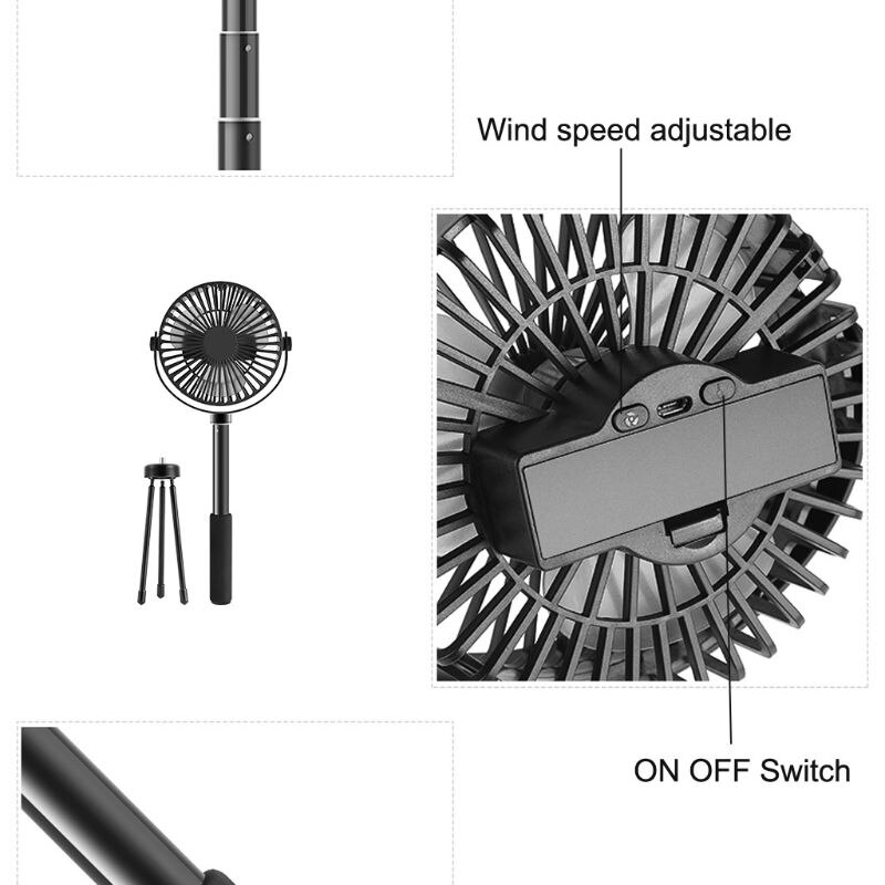 360 Degree Rotation Telescopic Floor Desk Fan 2000mAh Rechargeable Battery 3 Speeds USB Fan for Live Video Camping Home Office