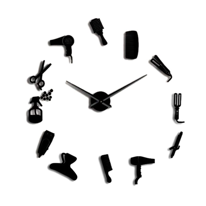 Diy Barber Shop Giant Wall Clock with Mirror Effect Barber Toolkits Decorative Frameless Clock Watch Hairdresser Barber Wall Art: black