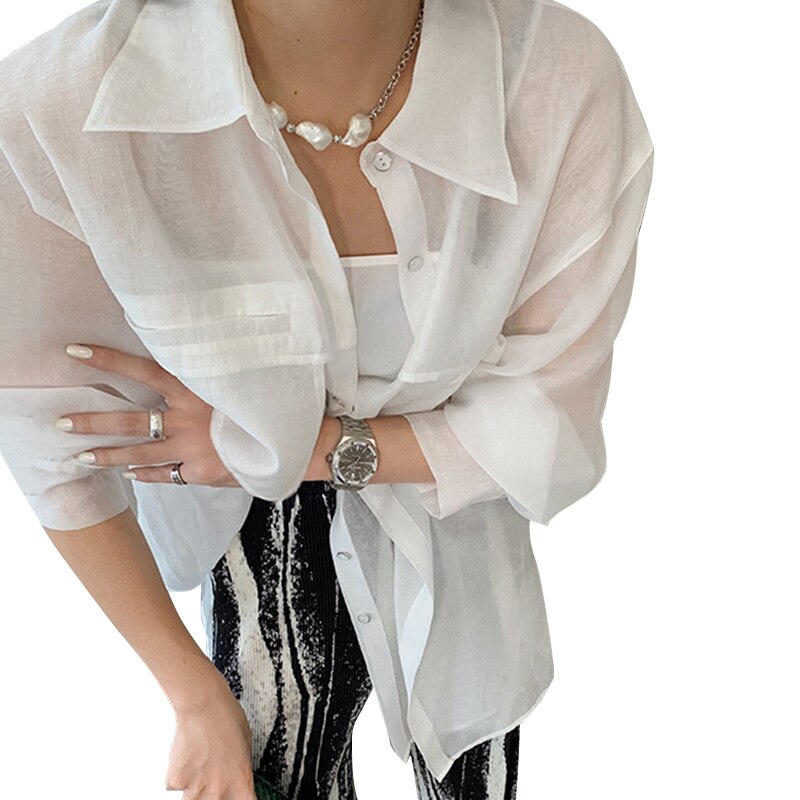 TWOTWINSTYLE White Perspective Shirt For Women Lapel Long Sleeve One Size Casual Blouse Female Summer Clothing: white