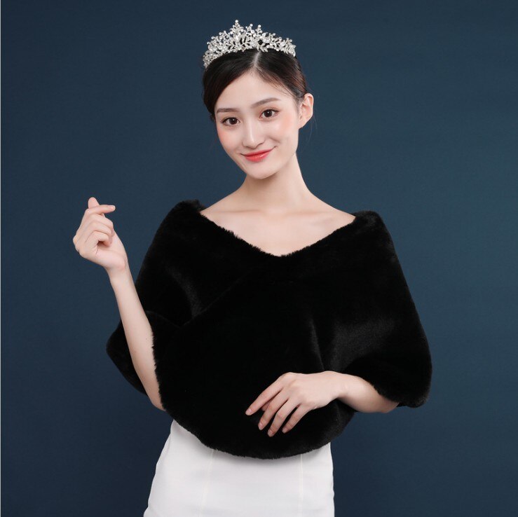 verrotten Schwarz Pelz Faux Winter Bolero Frauen Braut Schal Hochzeit Kap Auf Lagerbier Braut Mäntel Hochzeit Mantel Jacke Für Abend Party: Schwarz ohne Brosche