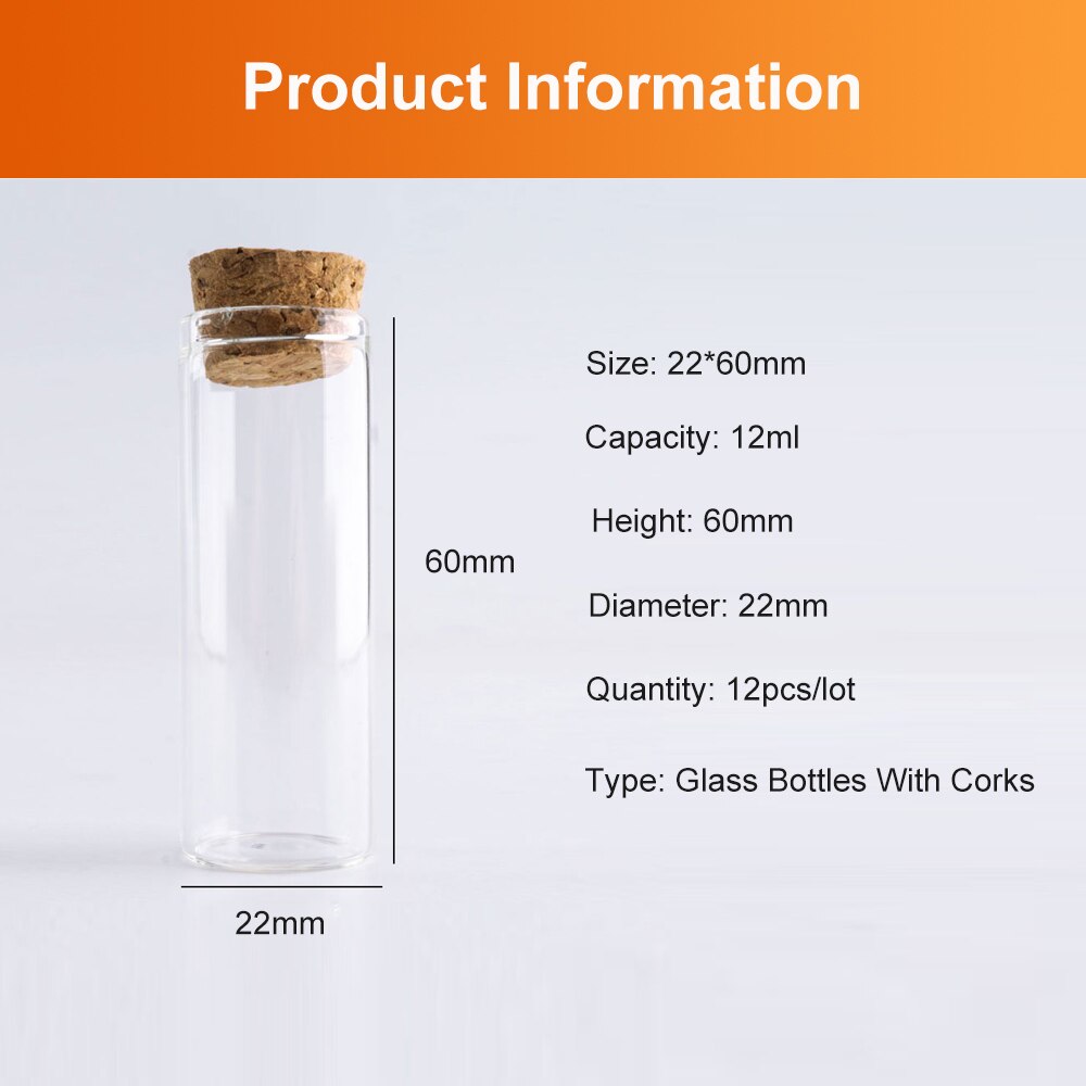 12pcs 12ml DIY Mini Glass Bottles Cork Stopper 22*60mm Test Tube Spice Bottles Small Transparent Souvenir Container
