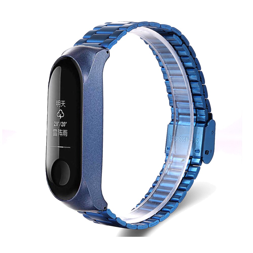 Correa de metal para Xiaomi Mi band 3/4/5, correa de acero inoxidable con tres cuentas, hebilla para pulsera,: Blue / Mi 3 4 strap
