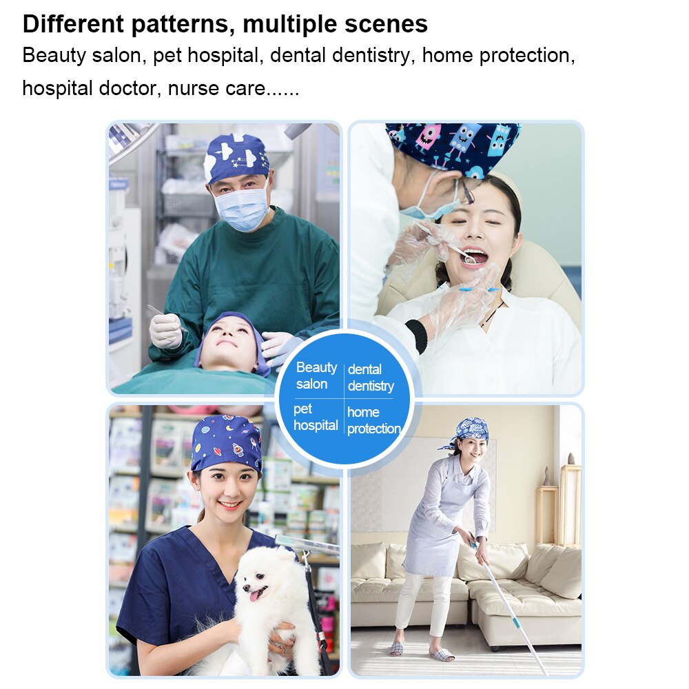 Unisexe impression spa travail casquettes réglable coton laboratoire anti-poussière travail chapeau dent beauté Scrubs casquettes animal club opérateur chapeau