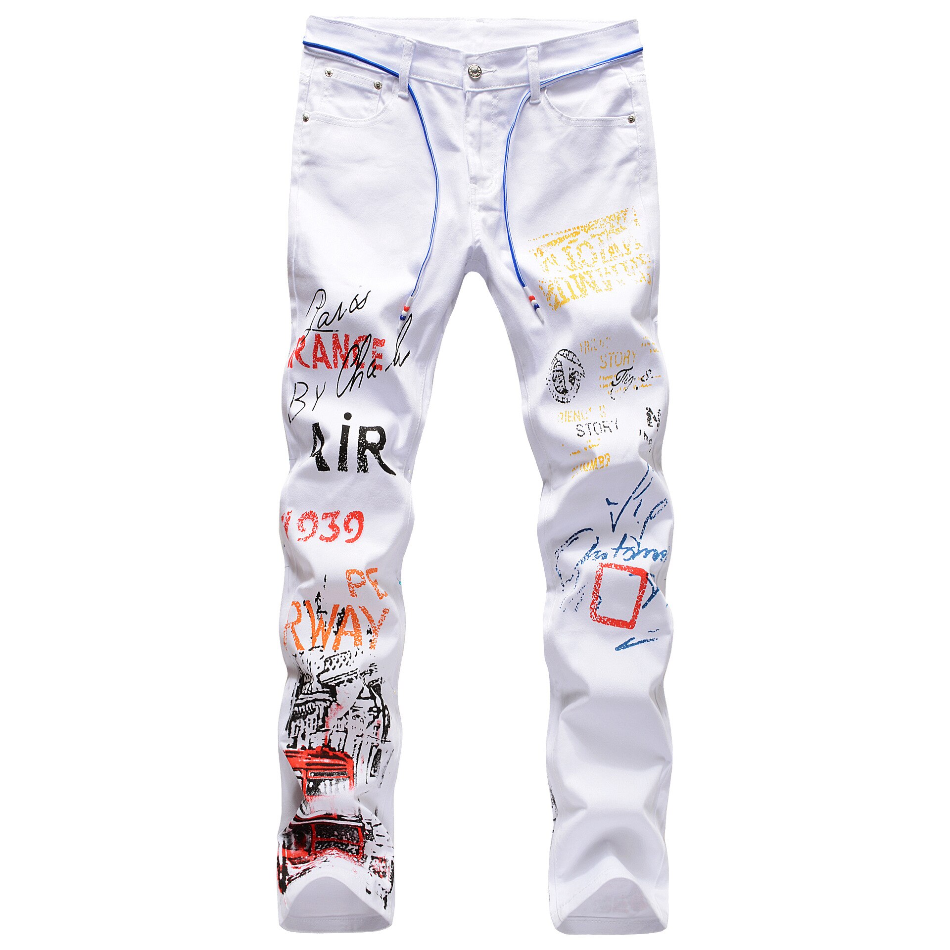 2021New Mens Jeans Night Club Black White Color Personal Printed Jeans Men Punk Pants Skinny Hip Hop Jeans: White / 42