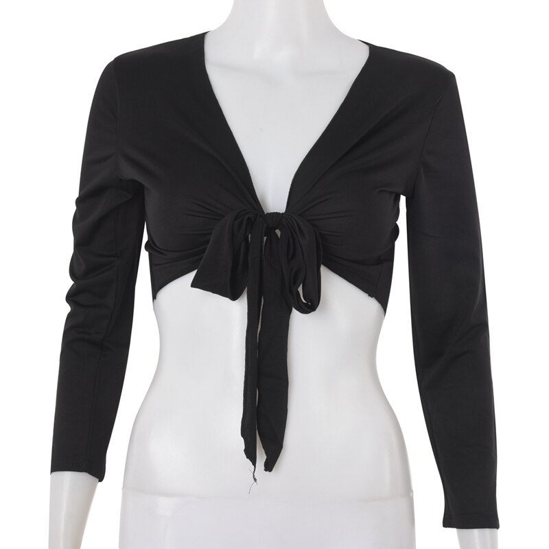 Damer langærmet binde afgrøde skuldertræk kvinders wrap bolero cardigan top - sort
