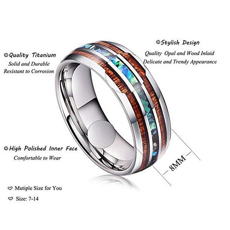 TUNGSTORY 8mm Black Tungsten Wedding Ring With Hawaiian Koa Wood & Opal Inlay - Comfort Fit