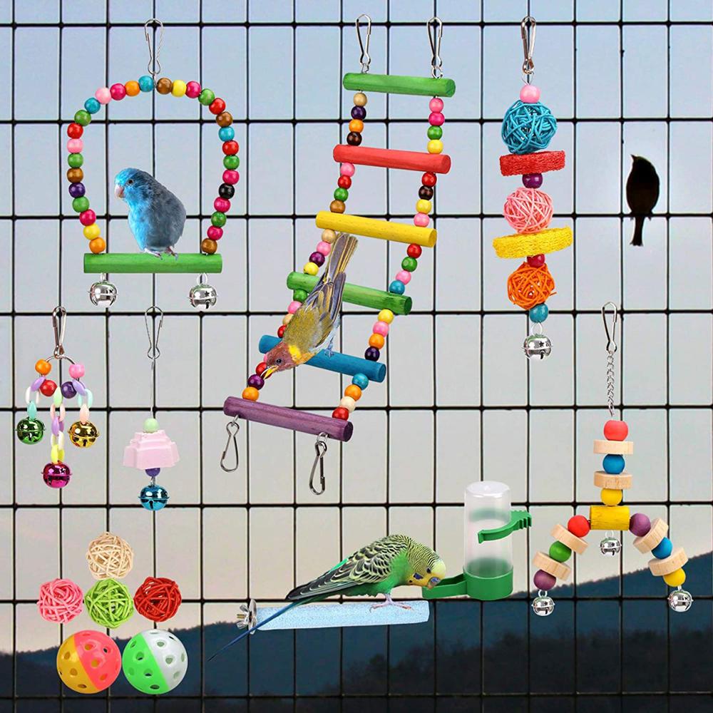 Juego de juguetes para pájaros, columpio masticable de entrenamiento, loro pequeño, hamaca colgante, campana para jaula, juguetes con escalera, 14 Uds.