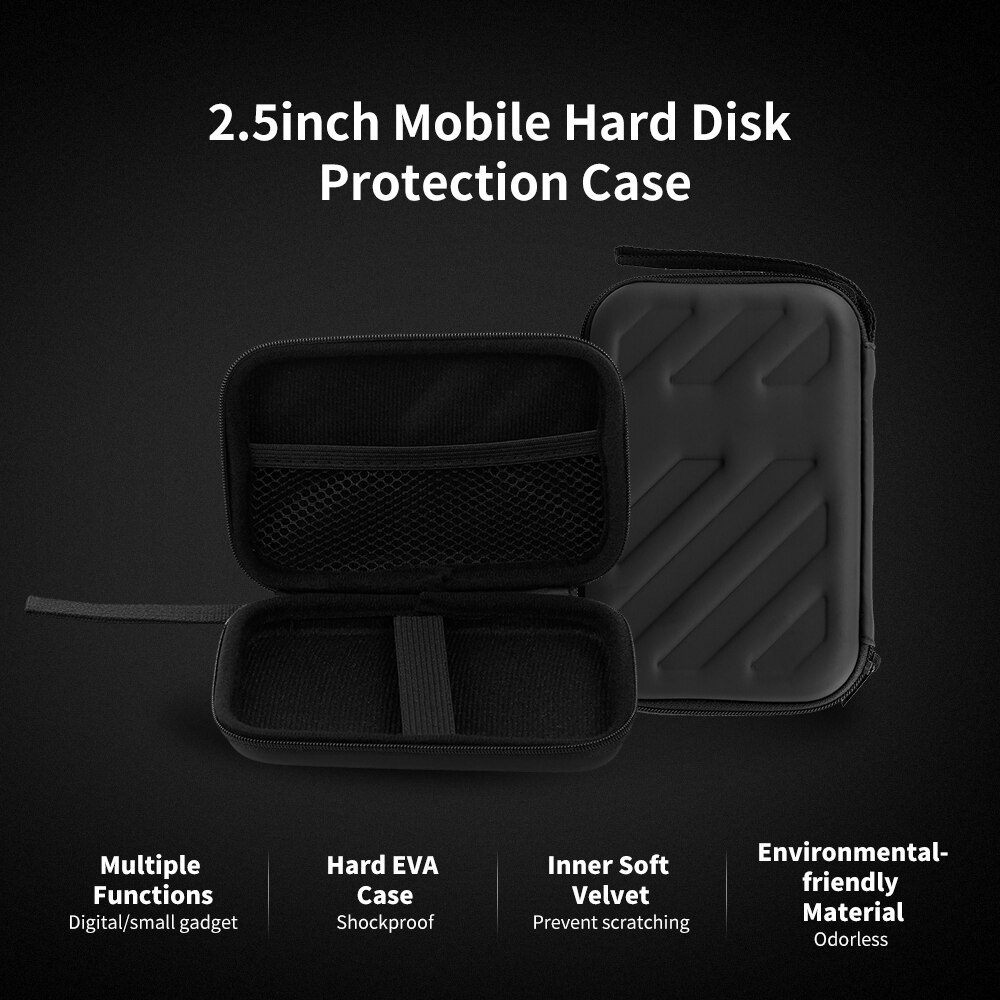 Extern hårddisk diskfodral stötsäker eva fodral 2.5in hdd med nätficka och mjukt inre tyg fodral för resor och kontorsbruk