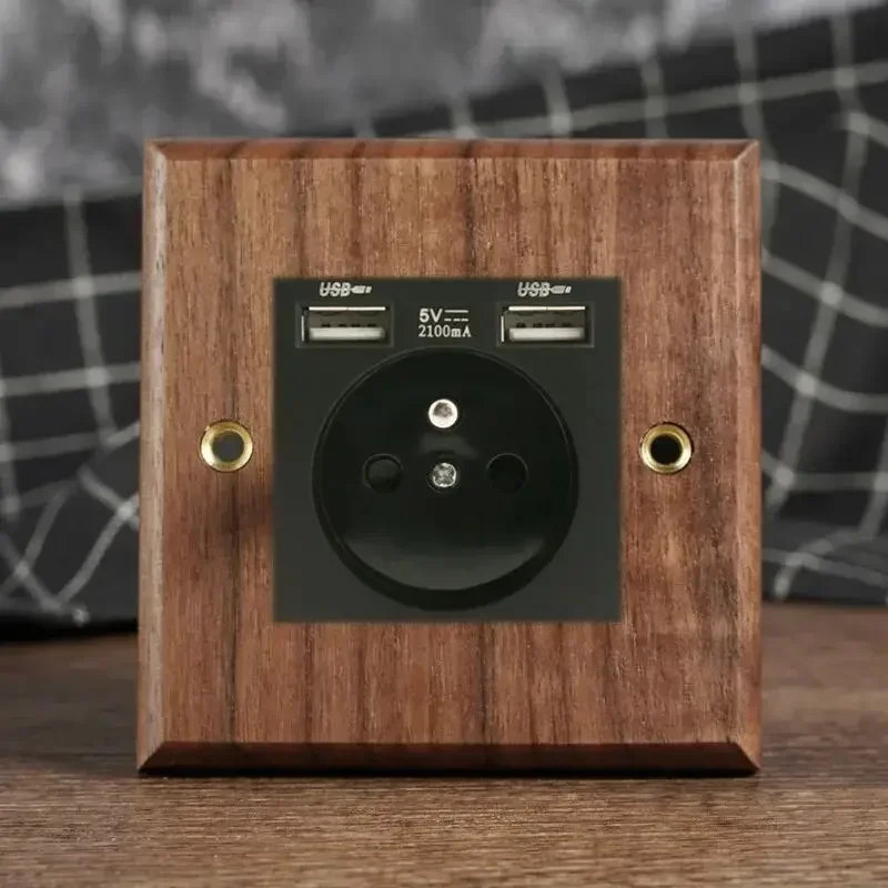 Black Walnut Wood Toggle Light Switch,Home retro Brass Panel,FR UK Universal Double USB Wall Electrical Socket Vintage Switch