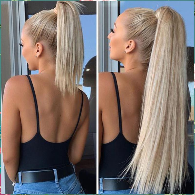 28 pulgadas sintético de Velcro de pelo de cola de caballo extensión recta Clip Invisible Pony cola resistente al calor negro marrón Rubio SI66