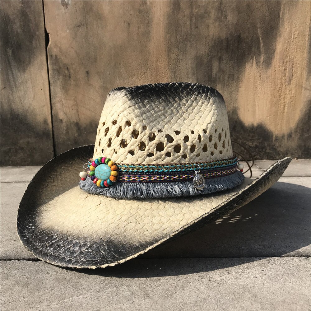 Kvinder hule vestlige cowboy hat sommer dame sejlere sombrero hombre hat fascinator kvast solbue sol hat: Sort hed
