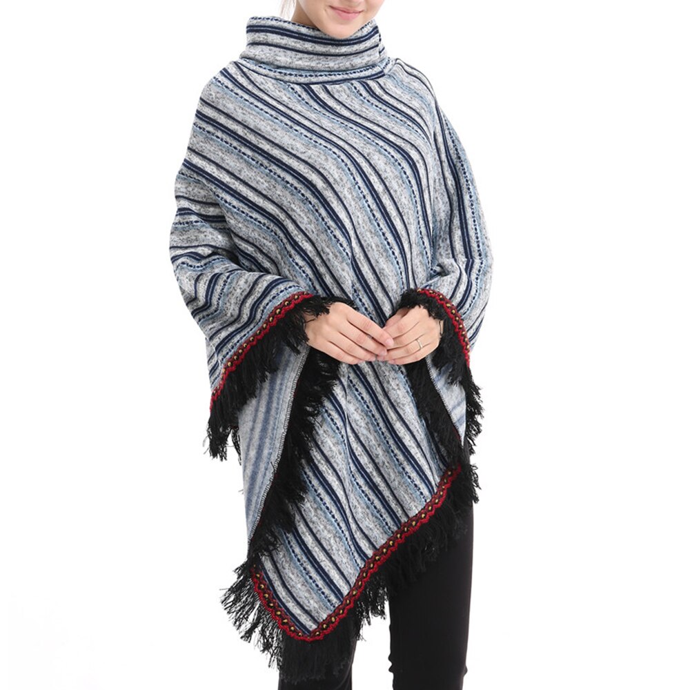 Vinter lang sektion høj krave jakke med frynser sjal løs jakke stribet tyk sweater efterår